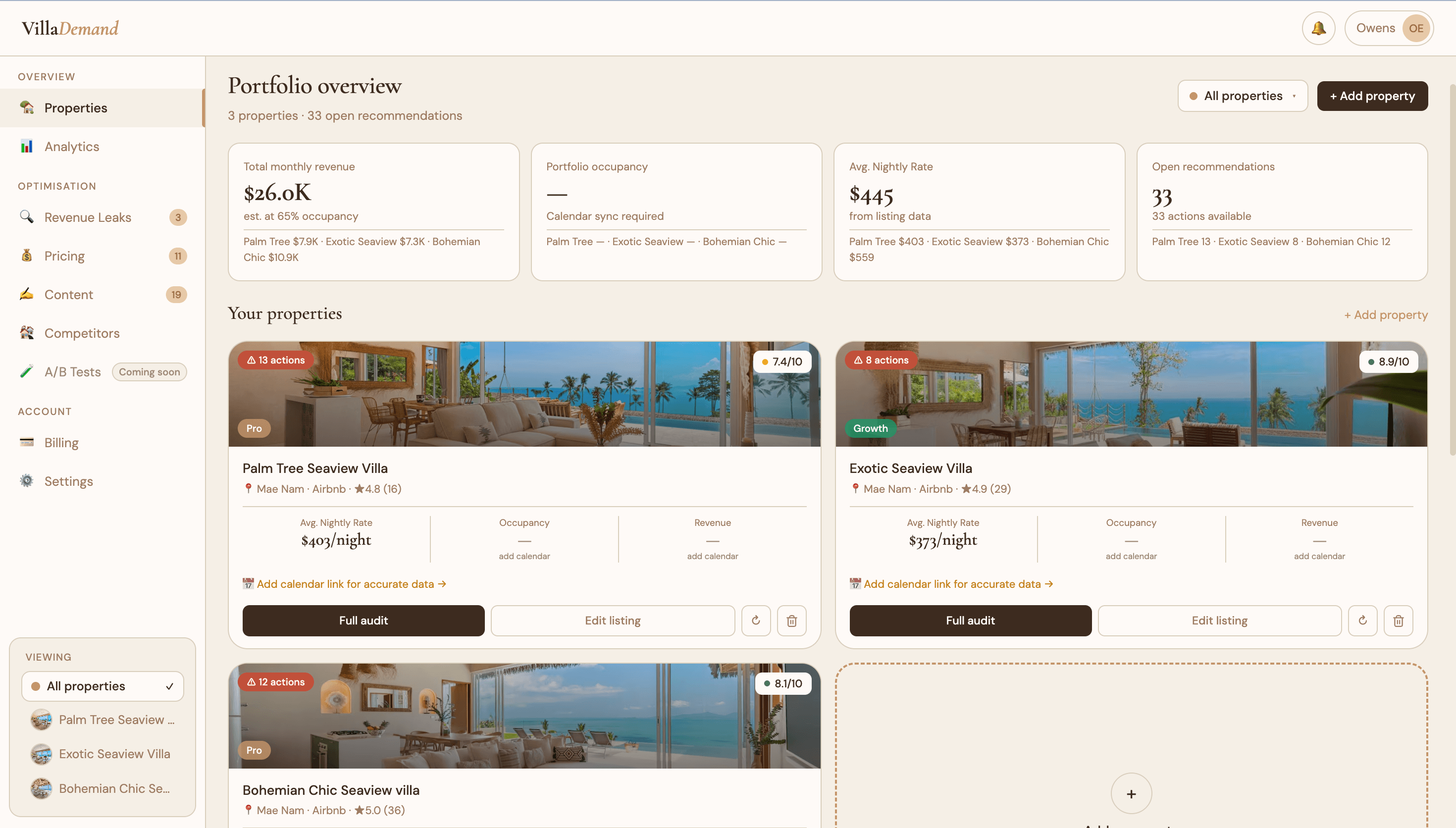 VillaDemand portfolio dashboard showing three properties with revenue stats
